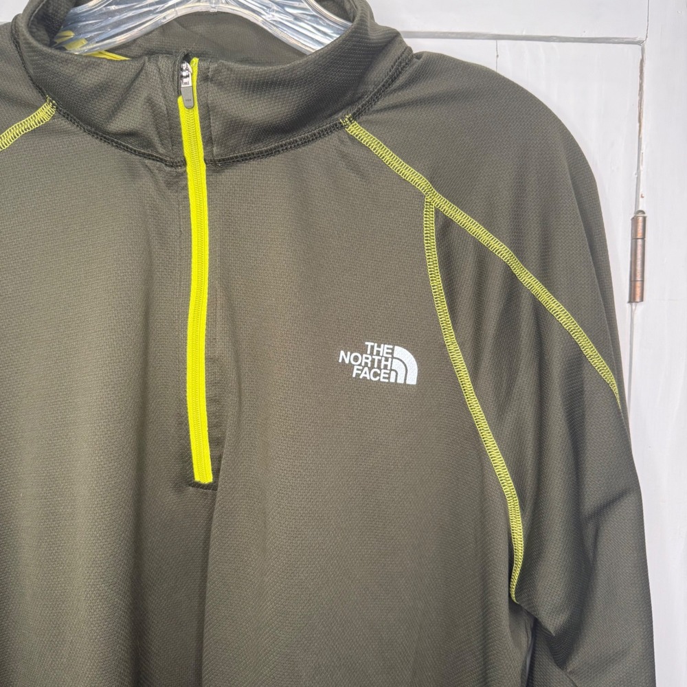 The North Face Men's Size Medium 1/4 Zip Pullover Olive Green Lime Stitching - Picture 3 of 6